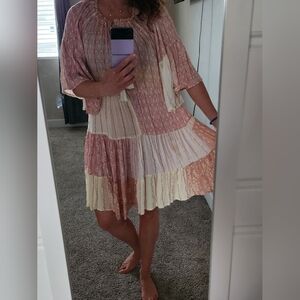 Tiered Patchwork Mini Dress in Blush Pink and Cream